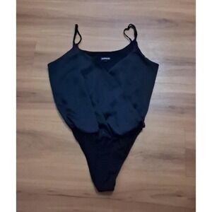 Womens Express Satin Faux Wrap Black‎ Thong Bodysuit
